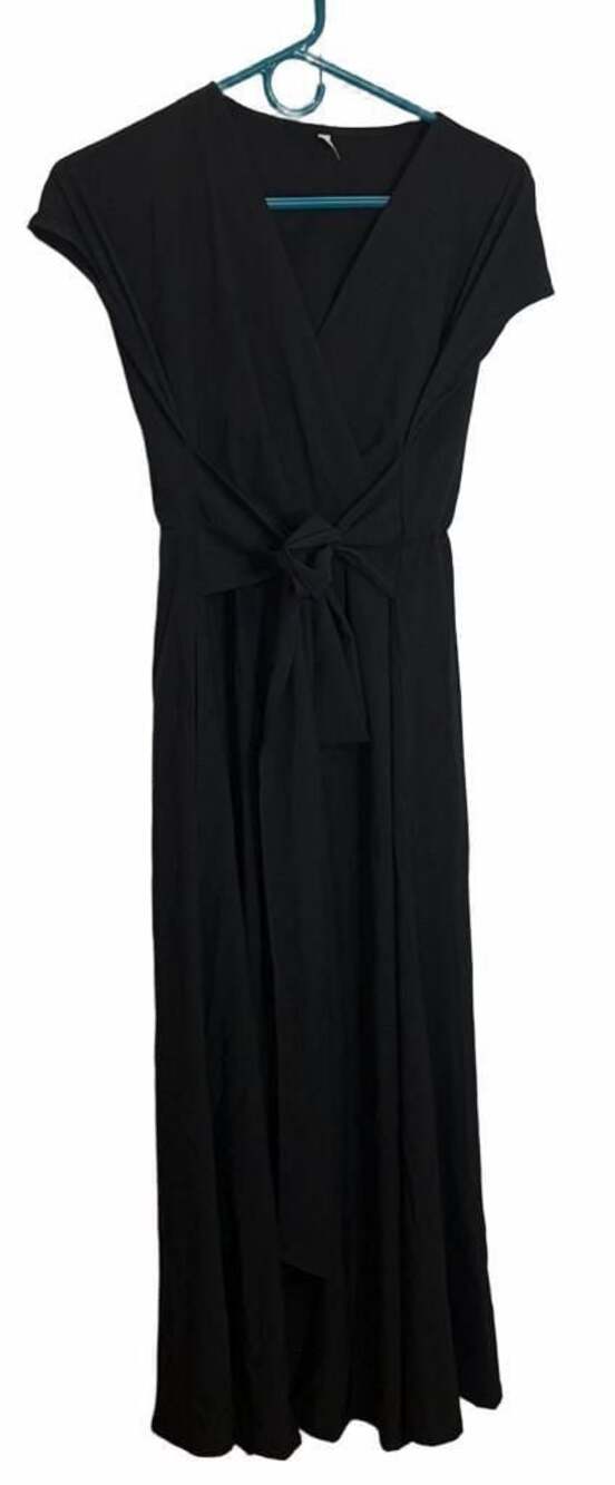 Halara V-Neck Short Sleeve Pocket Tie Front Casual Athletic Maxi Dress Black